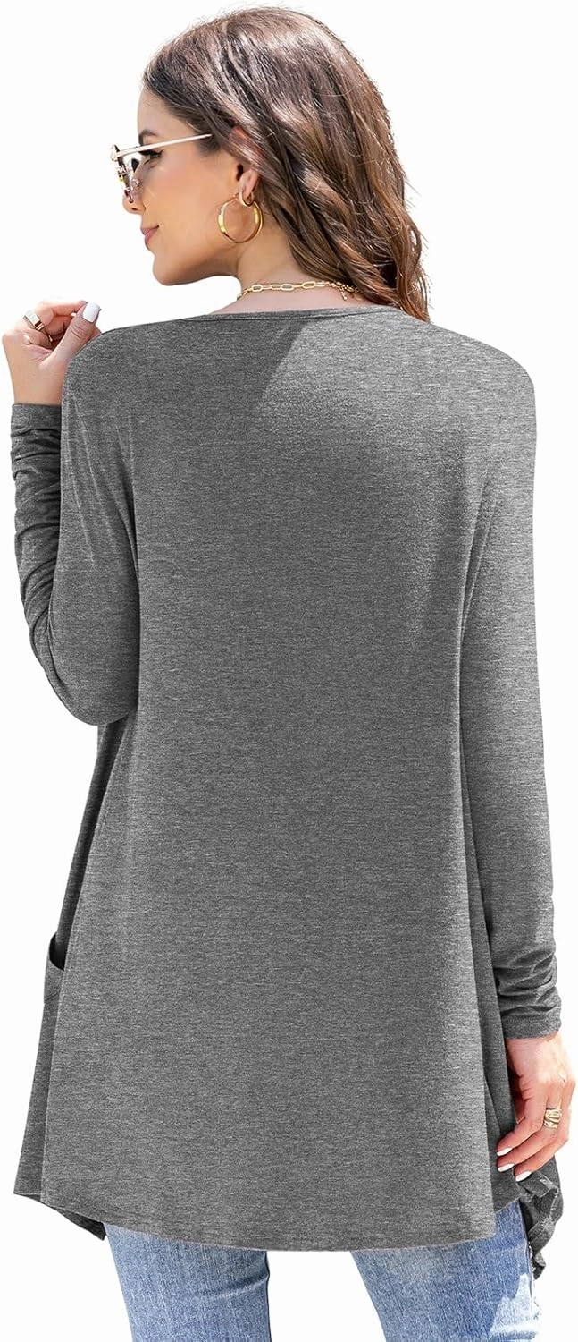Women's Lightweight Cardigan Casual Soft Long Sleeve Floral Knit Cardigans with Pockets High Low Hem Draped Duster