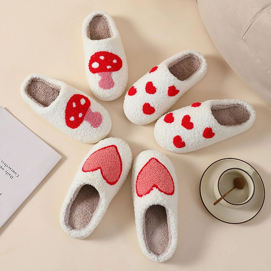 Women's Plush Heart Love Slippers - Blue Eyes Mushroom Cat Ears Retro Memory Foam Soft Plush Home Shoes