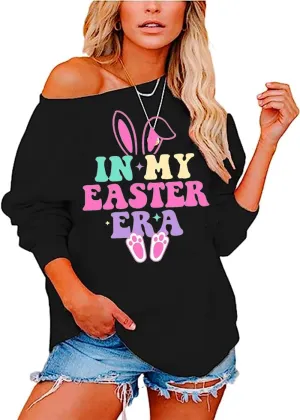 Womens Holiday Off the Shoulder Long Sleeve Loose Slouchy Sweatshirt Pullover Letter Printed Tops