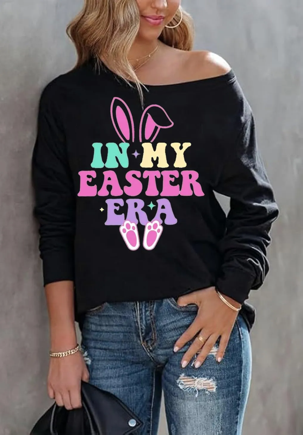 Womens Holiday Off the Shoulder Long Sleeve Loose Slouchy Sweatshirt Pullover Letter Printed Tops