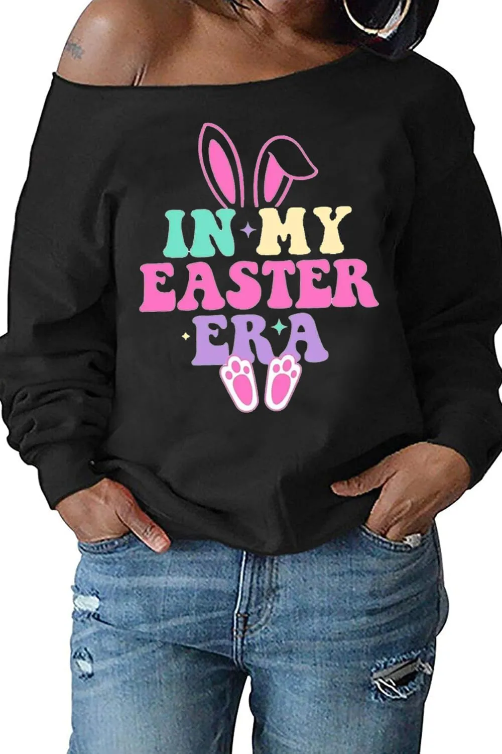 Womens Holiday Off the Shoulder Long Sleeve Loose Slouchy Sweatshirt Pullover Letter Printed Tops