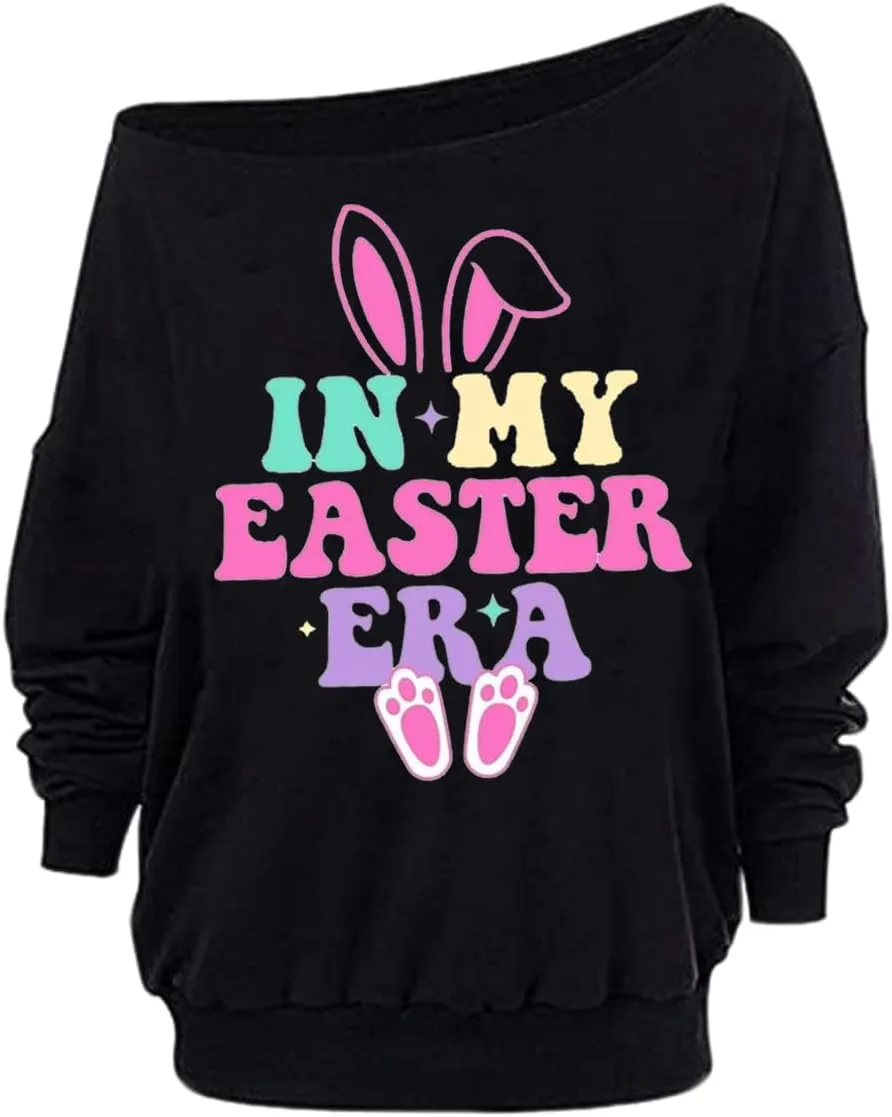 Womens Holiday Off the Shoulder Long Sleeve Loose Slouchy Sweatshirt Pullover Letter Printed Tops