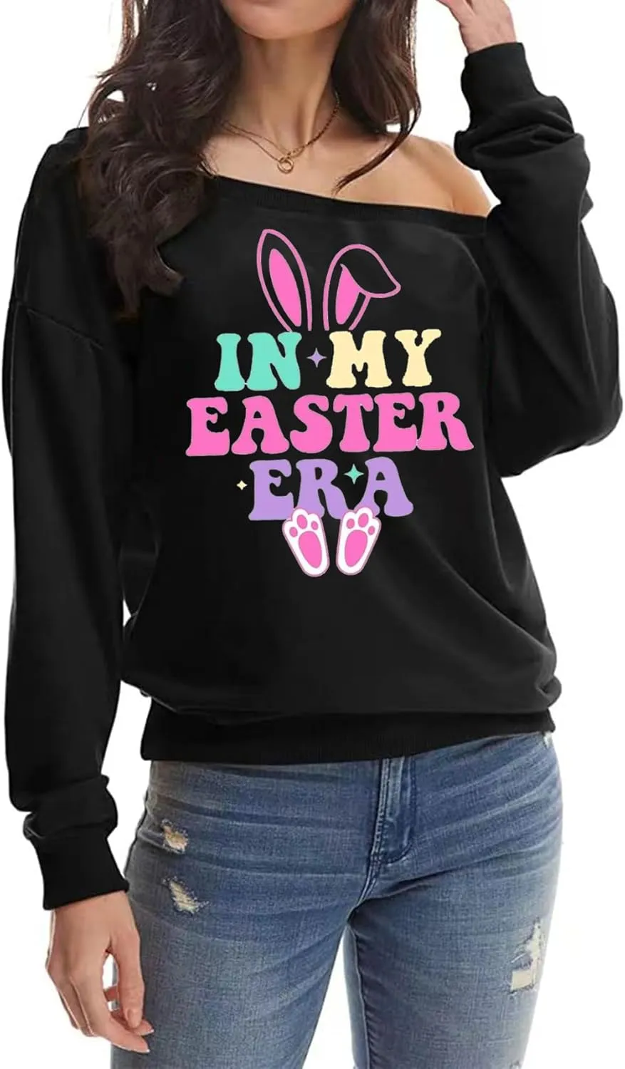 Womens Holiday Off the Shoulder Long Sleeve Loose Slouchy Sweatshirt Pullover Letter Printed Tops