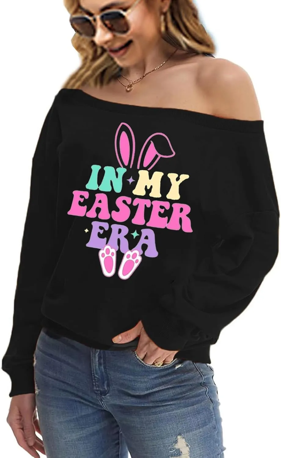 Womens Holiday Off the Shoulder Long Sleeve Loose Slouchy Sweatshirt Pullover Letter Printed Tops