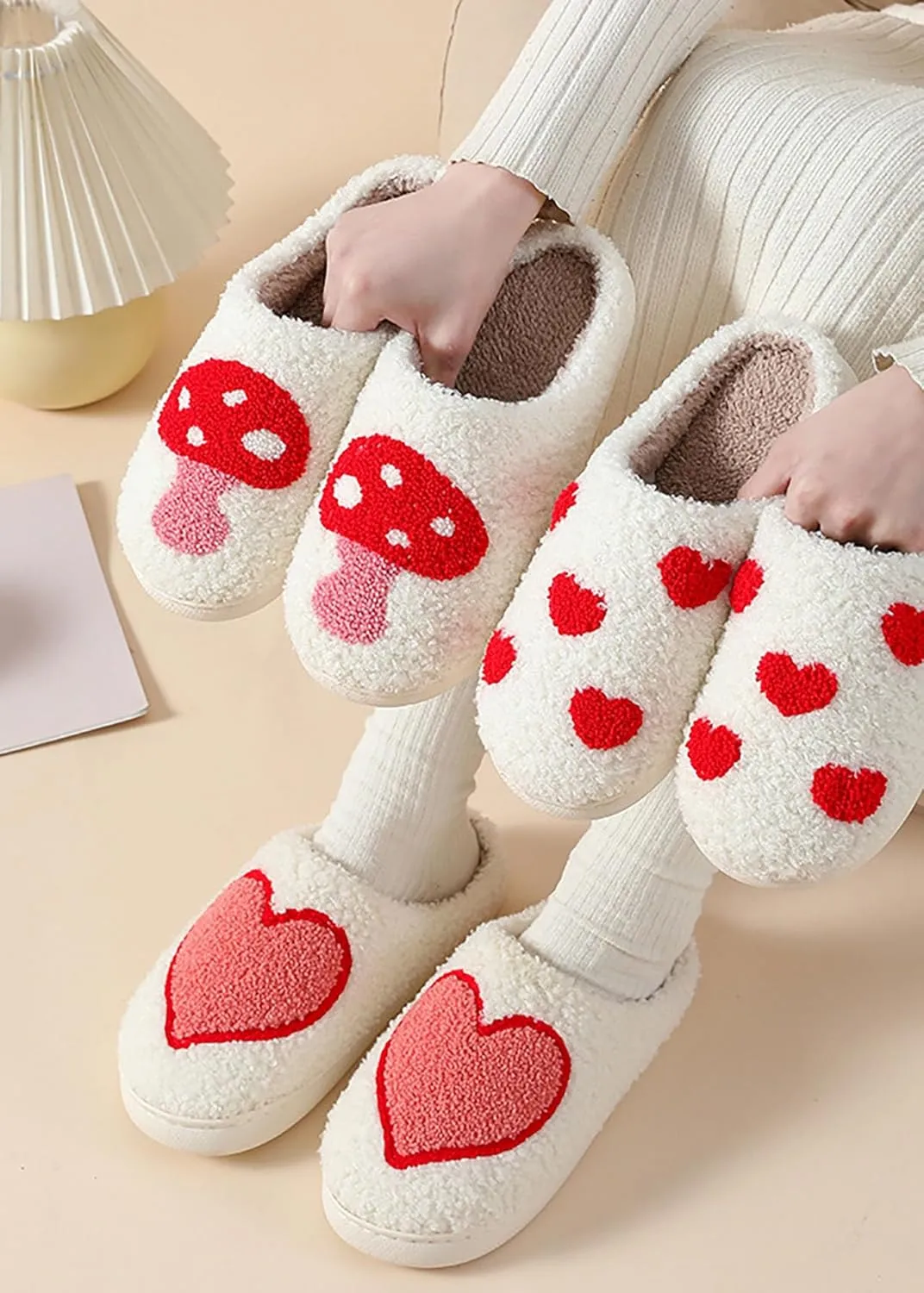 Women's Plush Heart Love Slippers - Blue Eyes Mushroom Cat Ears Retro Memory Foam Soft Plush Home Shoes