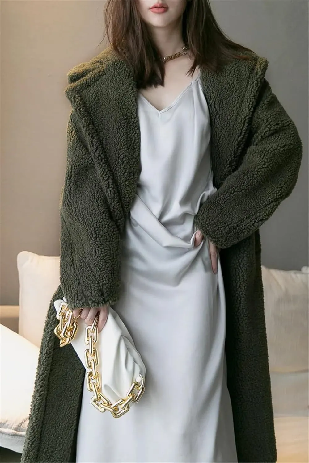 Women's Winter Bear Coat Thick Faux Lamb Wool Jacket Long Shearling Style Coat with Large Grain Texture