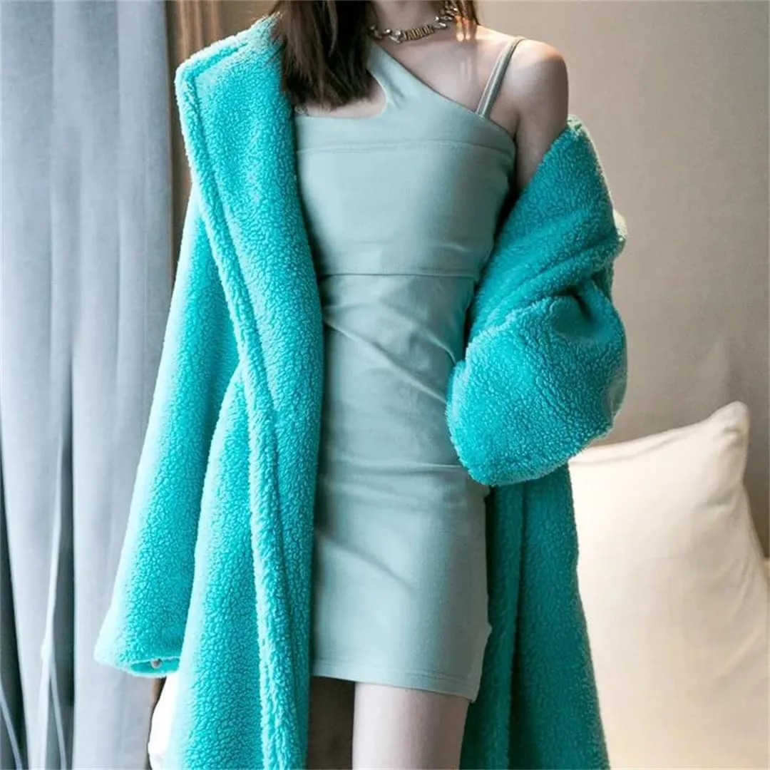 Women's Winter Bear Coat Thick Faux Lamb Wool Jacket Long Shearling Style Coat with Large Grain Texture