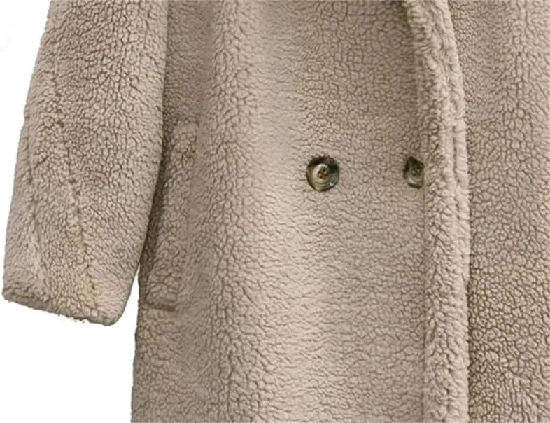 Women's Winter Bear Coat Thick Faux Lamb Wool Jacket Long Shearling Style Coat with Large Grain Texture