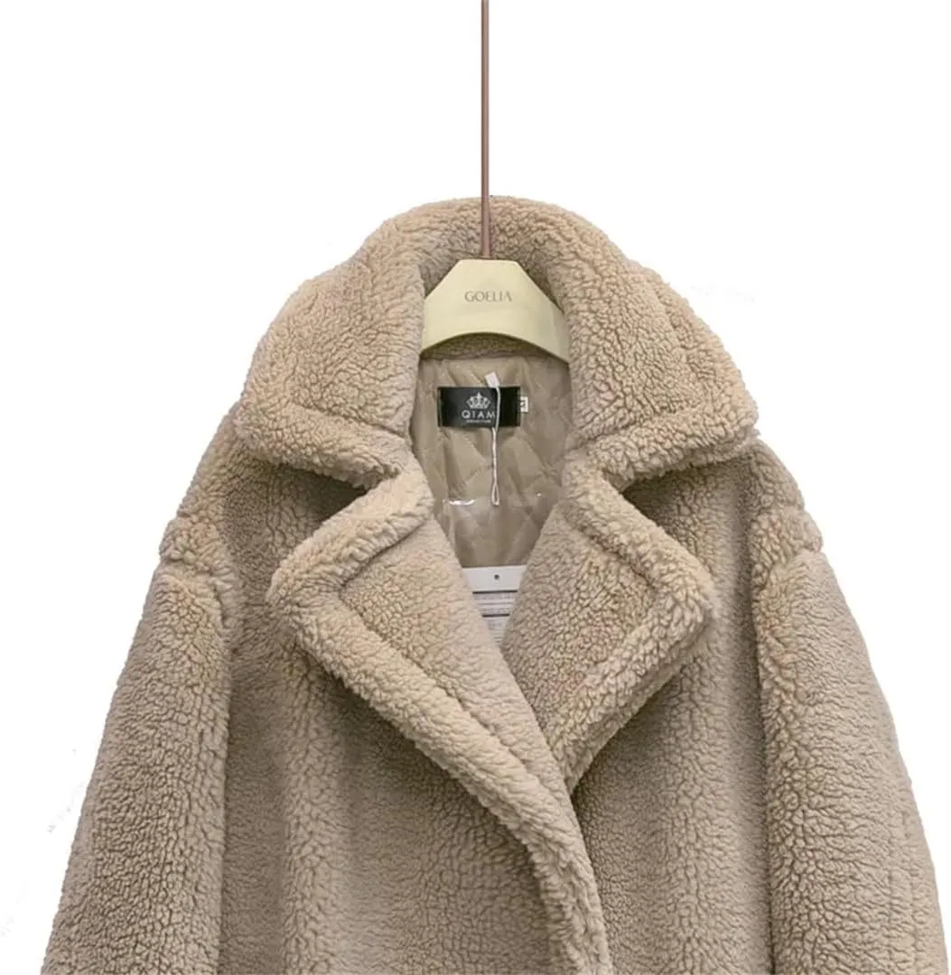 Women's Winter Bear Coat Thick Faux Lamb Wool Jacket Long Shearling Style Coat with Large Grain Texture