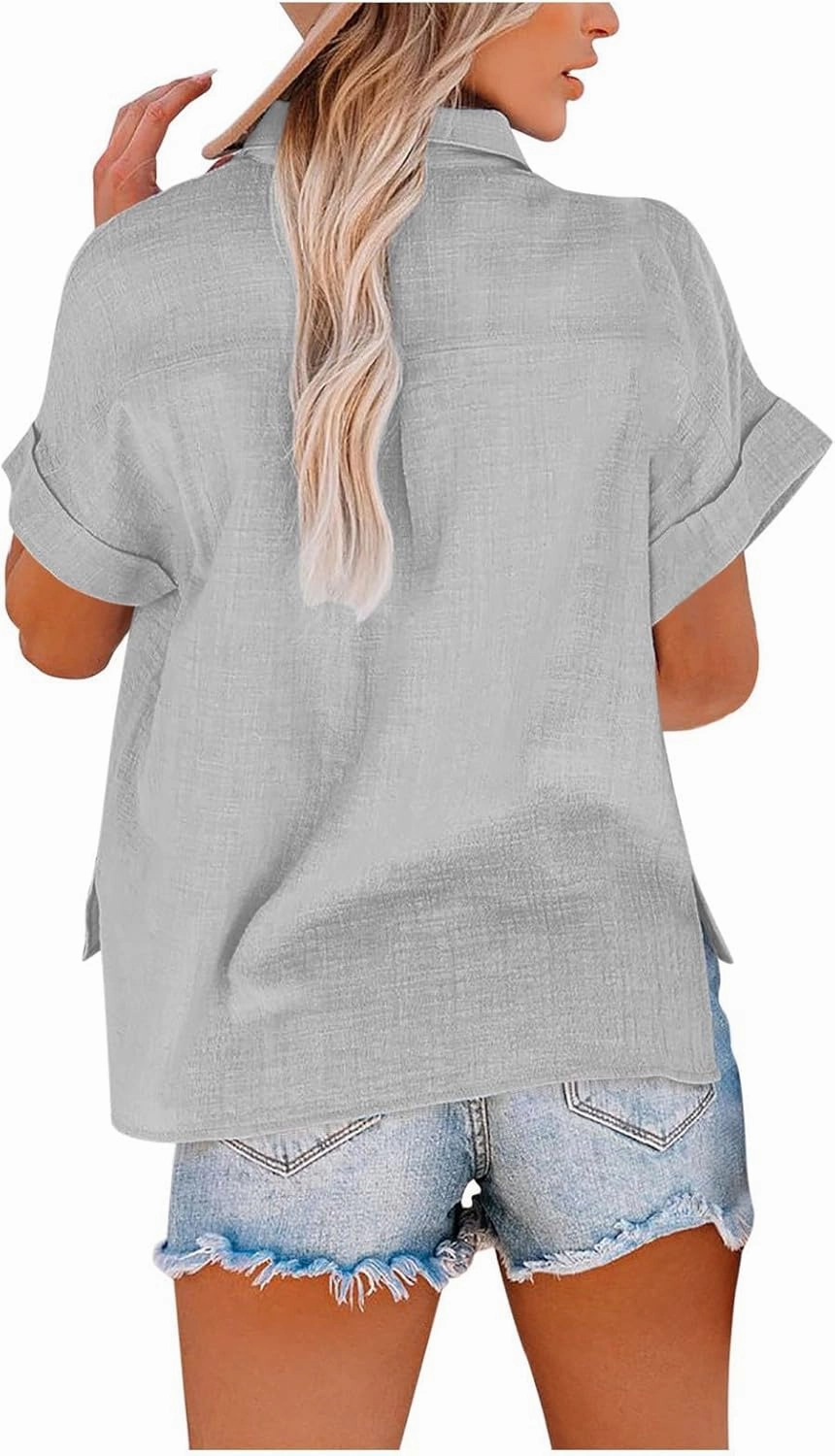 Womens Short Sleeve Button Down Linen Shirt Summer Trendy Solid Stand Collar Blouses Going Out Sports Casual T-Shirts