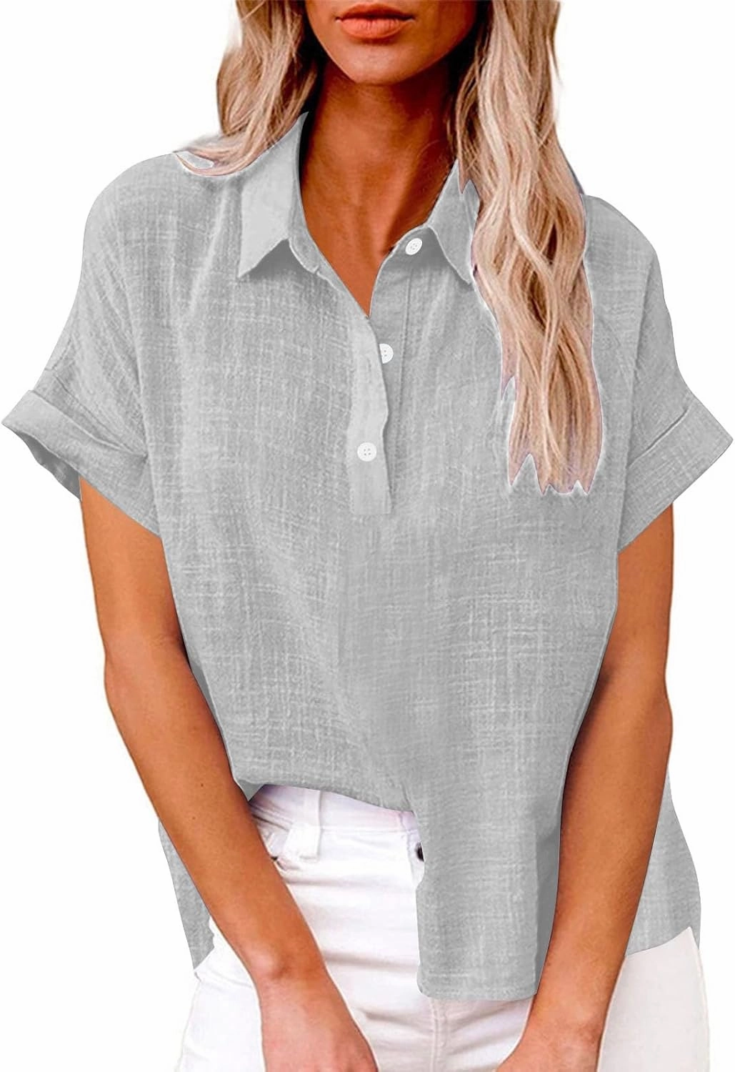 Womens Short Sleeve Button Down Linen Shirt Summer Trendy Solid Stand Collar Blouses Going Out Sports Casual T-Shirts