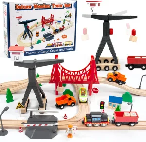 WOOD CITY Wooden Train Set, 56-Piece Deluxe Kids Toy Train Set for 2 3 4 5 Year Old Boy, Cargo-Themed Train Track with Tower Crane & Suspension Bridge - Fits Thomas Brio Chuggington Melissa Orbrium
