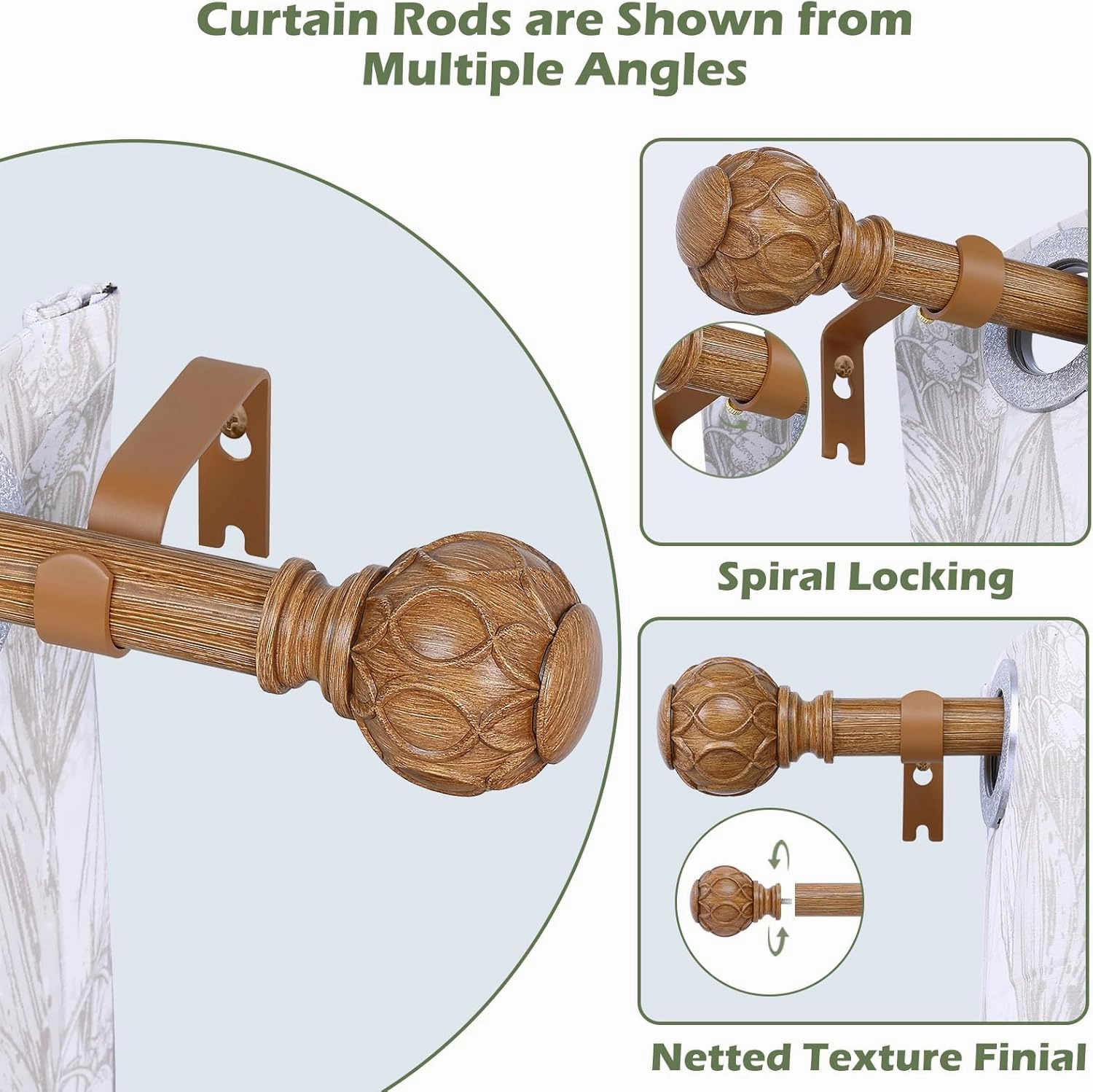 Wood Curtain Rods 66 to 120 Inch,1 Inch Adjustable Long Curtain Rod,Netted Wooden Window Curtain Rods,Farmhouse Rustic Heavy Duty Curtain Rods,Brown Wood Grain Decorative Drapery Rods 66-120"