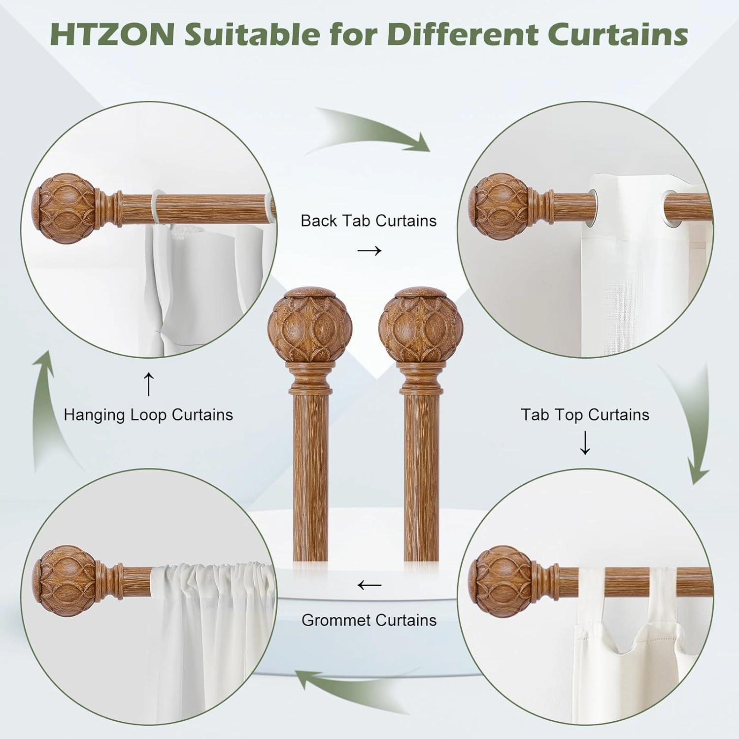 Wood Curtain Rods 66 to 120 Inch,1 Inch Adjustable Long Curtain Rod,Netted Wooden Window Curtain Rods,Farmhouse Rustic Heavy Duty Curtain Rods,Brown Wood Grain Decorative Drapery Rods 66-120"