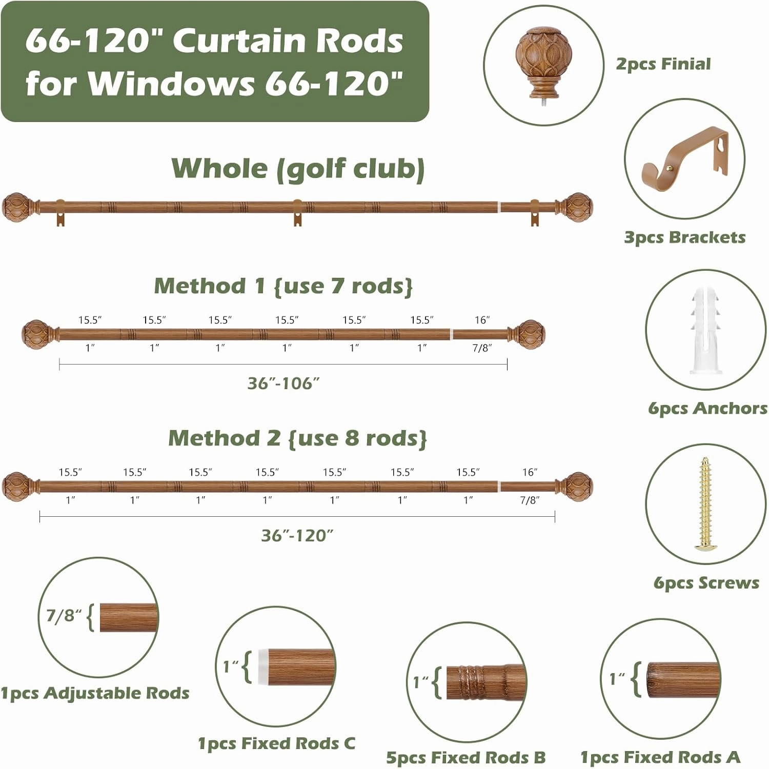 Wood Curtain Rods 66 to 120 Inch,1 Inch Adjustable Long Curtain Rod,Netted Wooden Window Curtain Rods,Farmhouse Rustic Heavy Duty Curtain Rods,Brown Wood Grain Decorative Drapery Rods 66-120"