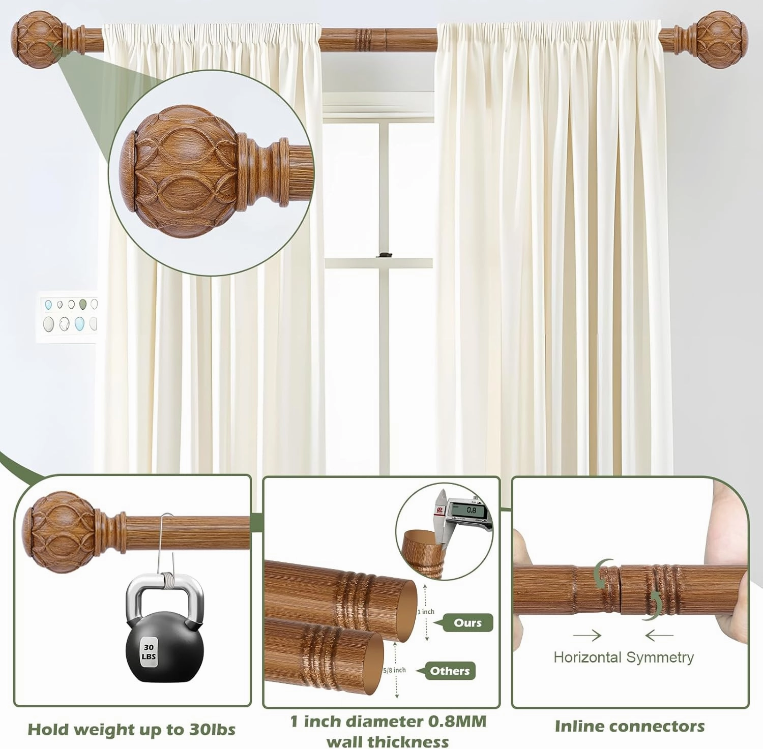 Wood Curtain Rods 66 to 120 Inch,1 Inch Adjustable Long Curtain Rod,Netted Wooden Window Curtain Rods,Farmhouse Rustic Heavy Duty Curtain Rods,Brown Wood Grain Decorative Drapery Rods 66-120"