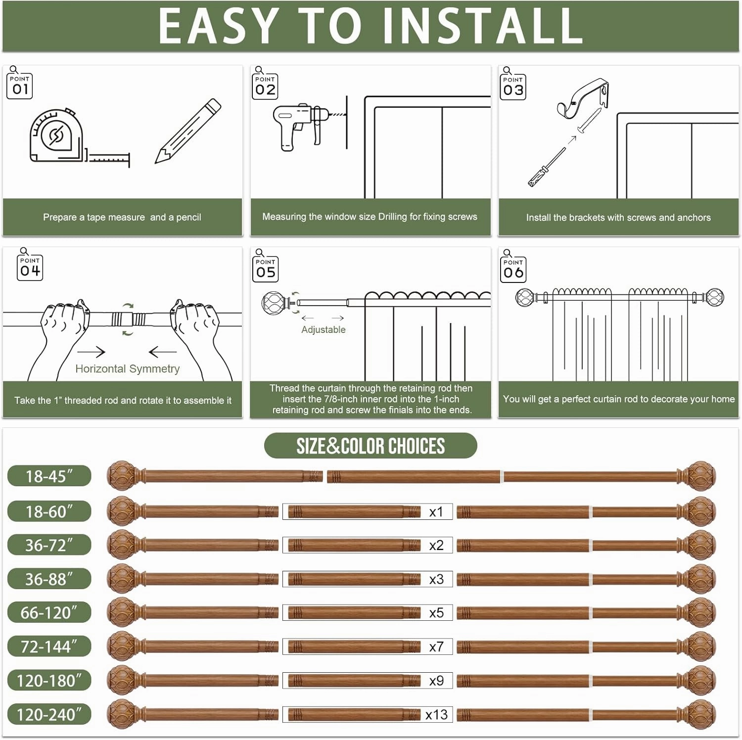 Wood Curtain Rods 66 to 120 Inch,1 Inch Adjustable Long Curtain Rod,Netted Wooden Window Curtain Rods,Farmhouse Rustic Heavy Duty Curtain Rods,Brown Wood Grain Decorative Drapery Rods 66-120"