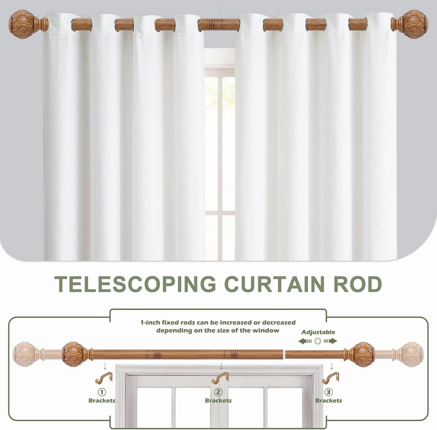 Wood Curtain Rods 66 to 120 Inch,1 Inch Adjustable Long Curtain Rod,Netted Wooden Window Curtain Rods,Farmhouse Rustic Heavy Duty Curtain Rods,Brown Wood Grain Decorative Drapery Rods 66-120"