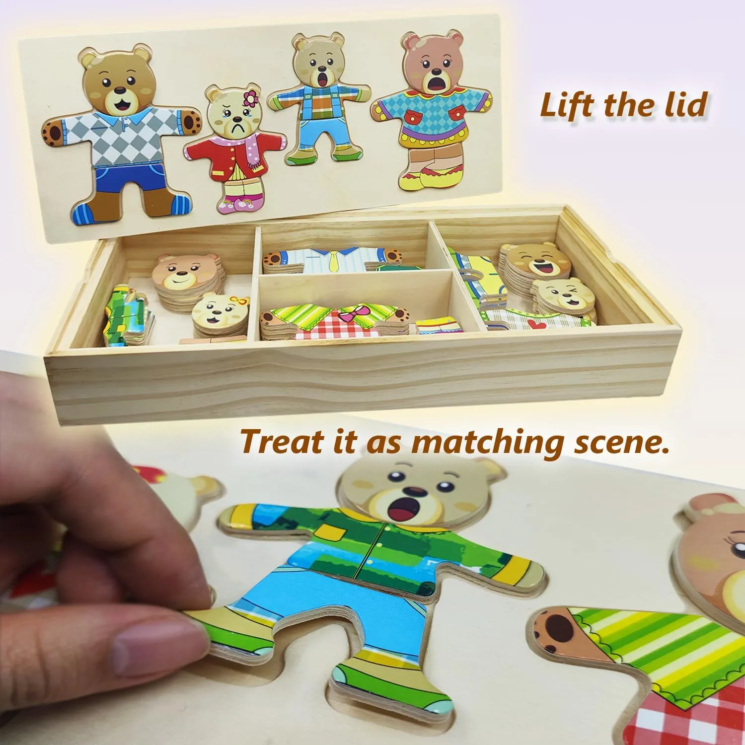 Wooden Bear Family Dress-up Puzzle Box for Toddlers(72pcs),Change Clothes Puzzle Games, Preschool Learning Activities Toys for Kids Ages 3 