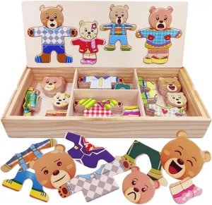 Wooden Bear Family Dress-up Puzzle Box for Toddlers(72pcs),Change Clothes Puzzle Games, Preschool Learning Activities Toys for Kids Ages 3 