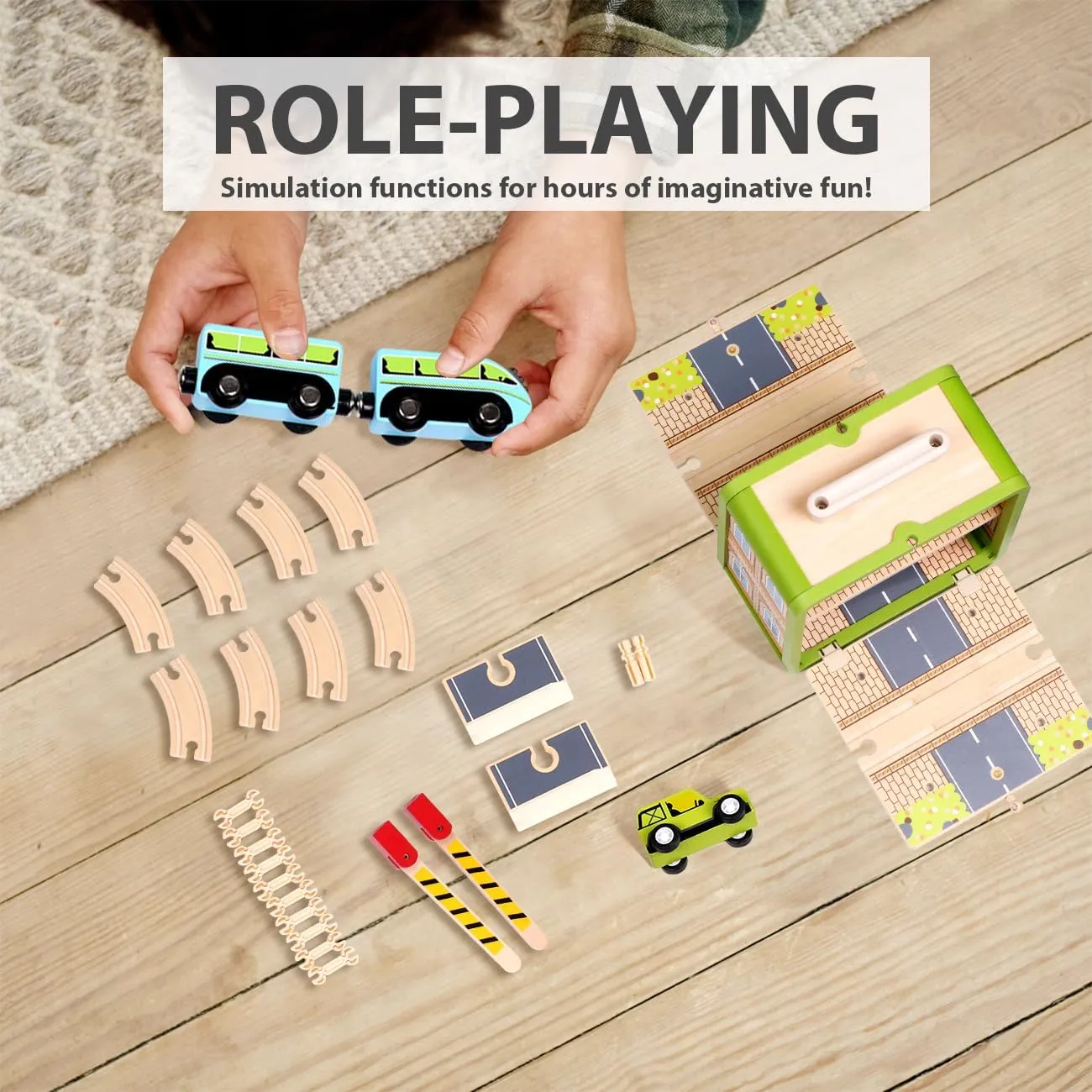 Wooden Train Track Set, Wooden Railway Set Toy with Magnetic Train for Toddlers, Train Set with Blocks Storage Box for Kids Boys and Girls Ages 3 