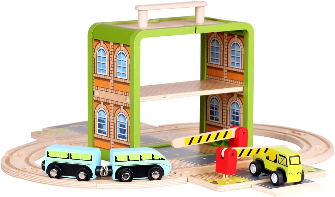 Wooden Train Track Set, Wooden Railway Set Toy with Magnetic Train for Toddlers, Train Set with Blocks Storage Box for Kids Boys and Girls Ages 3 
