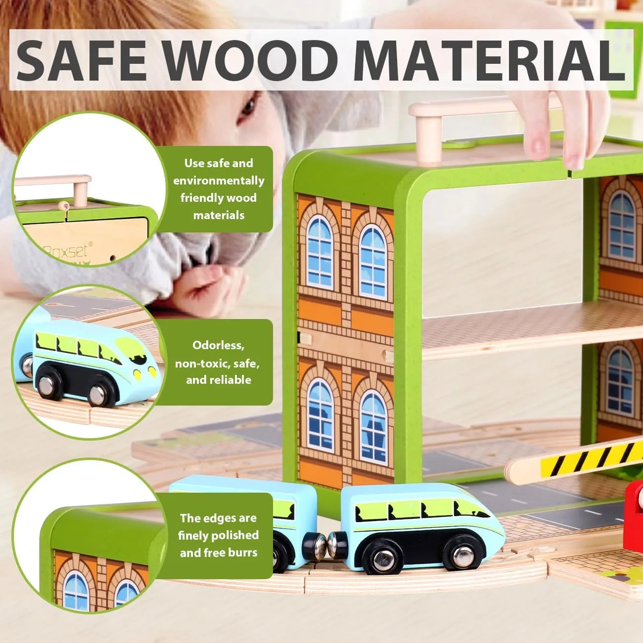 Wooden Train Track Set, Wooden Railway Set Toy with Magnetic Train for Toddlers, Train Set with Blocks Storage Box for Kids Boys and Girls Ages 3 