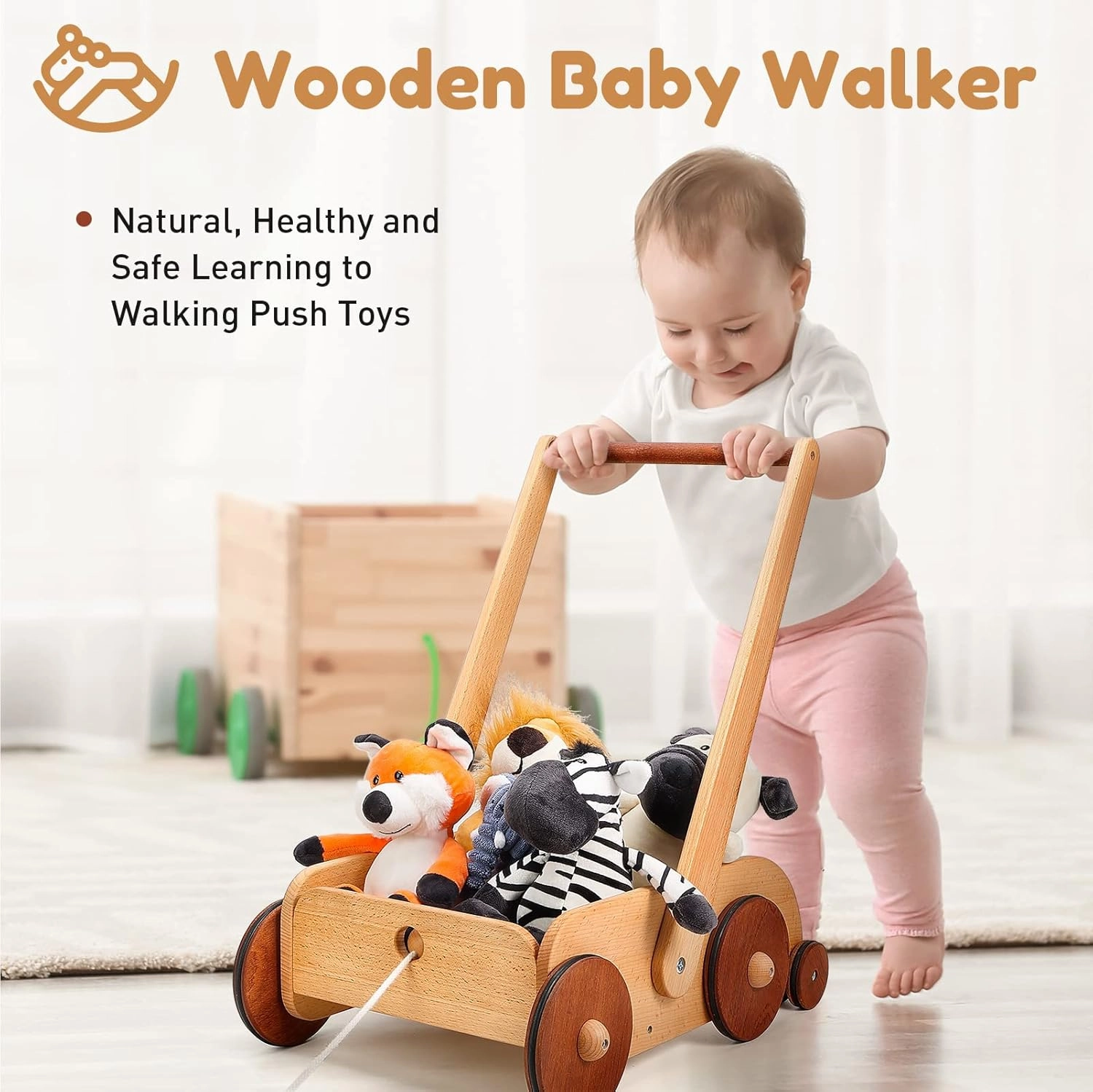 Wooden Baby Walker, Adjustable Speed Anti-Rollover Push Walker Toy for Babies Learning to Walk, Natural Wood Toddler Push and Pull Toys Wagon Birthday Toy for Boy Girl 1-3(Patent Protection)