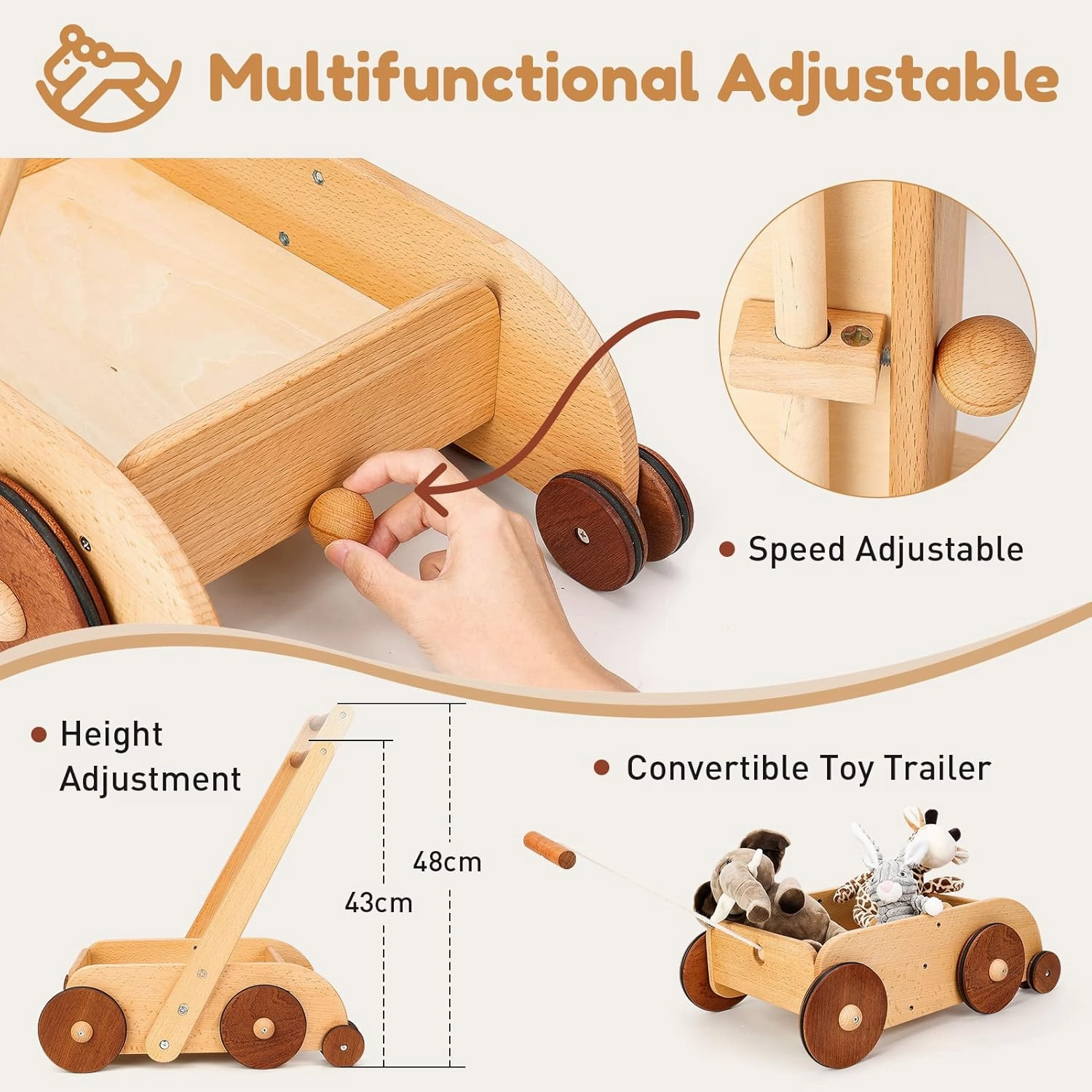 Wooden Baby Walker, Adjustable Speed Anti-Rollover Push Walker Toy for Babies Learning to Walk, Natural Wood Toddler Push and Pull Toys Wagon Birthday Toy for Boy Girl 1-3(Patent Protection)