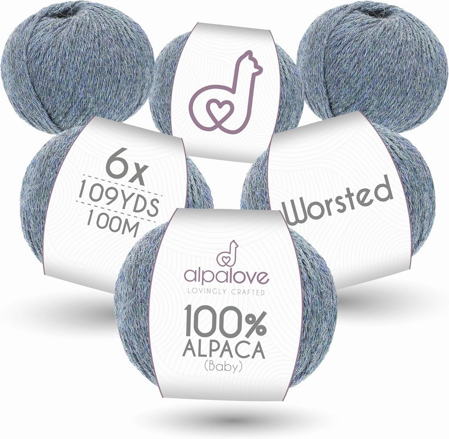 Worsted Set (6 x 1.75 oz) Super Soft Baby Alpaca Knitting Yarn Grey Green 656 Yards
