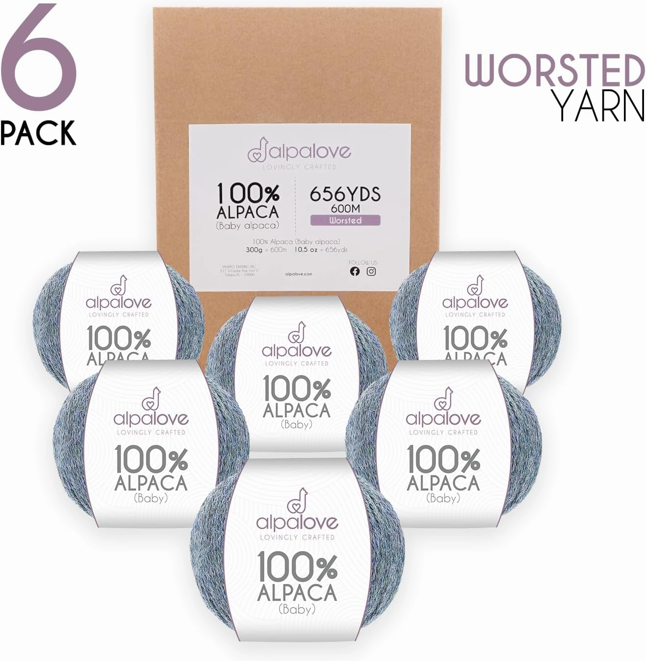 Worsted Set (6 x 1.75 oz) Super Soft Baby Alpaca Knitting Yarn Grey Green 656 Yards