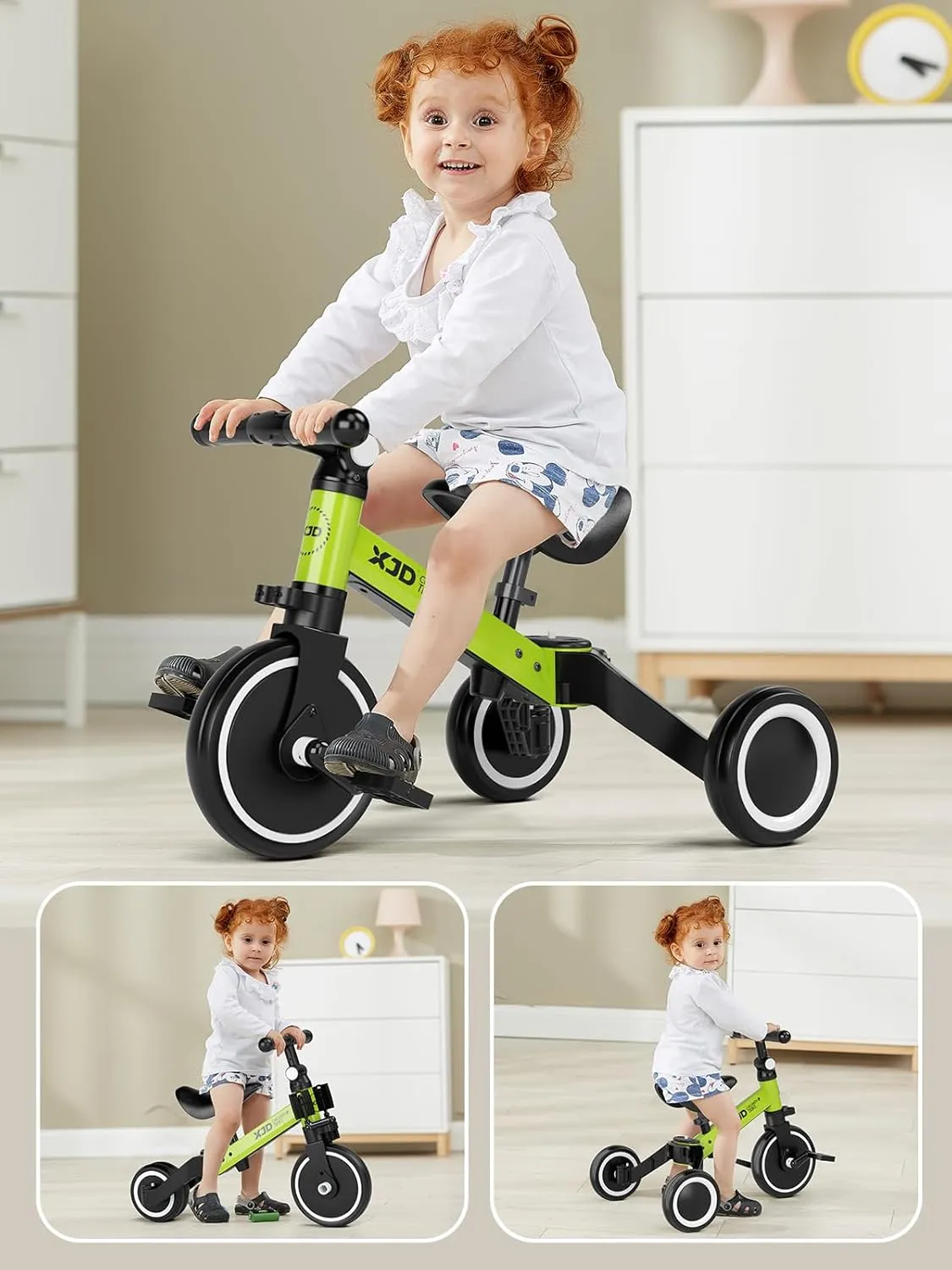 ﻿XJD 5 in 1 Toddler Bike, Tricycle for Toddlers 1-3 with Adjustable Seat Height, Removable Pedals, Ideal Balance Bike Birthday Gifts and Toys for Boys and Girls