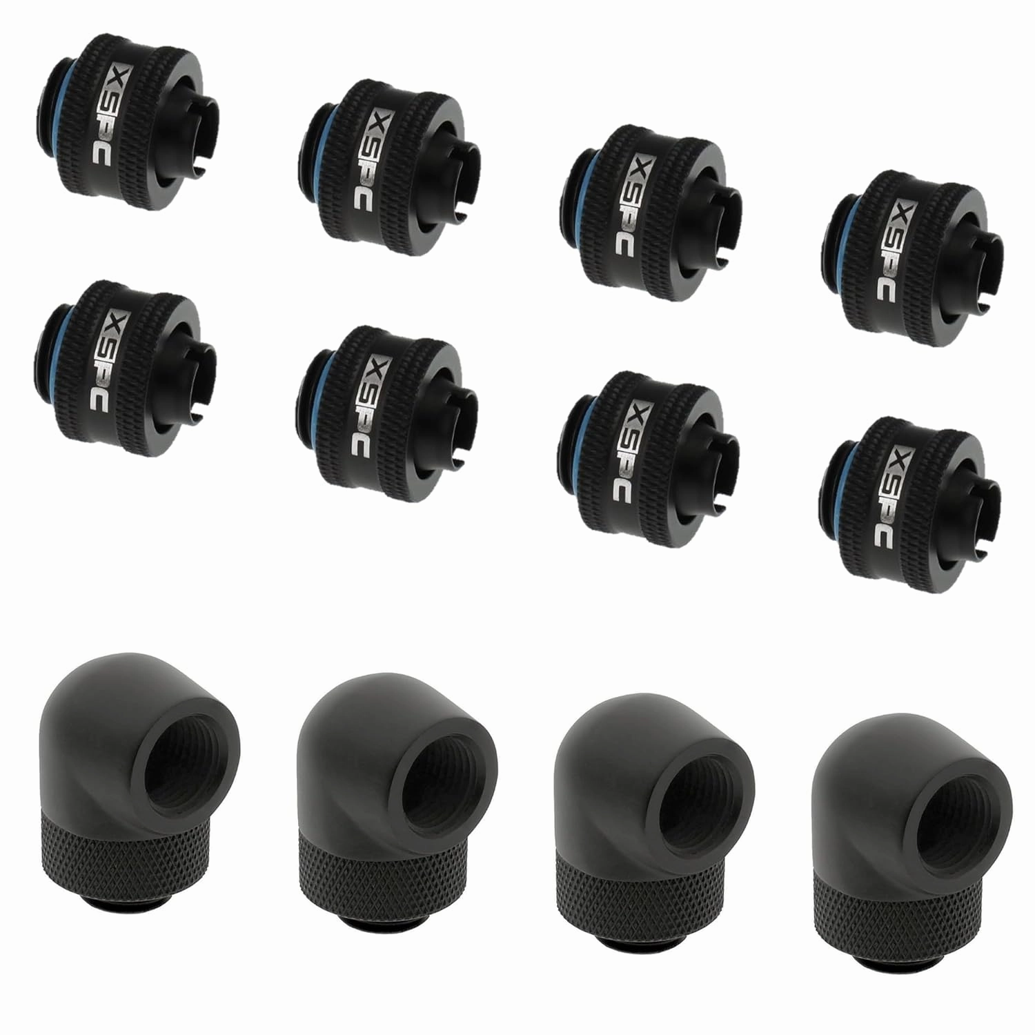 XSPC G1/4" 3/8" ID, 1/2" OD Compression Fitting V2 (8-Pack) and G1/4" 90 Degree Rotary Fitting V2 (4-Pack) Bundle, Matte Black