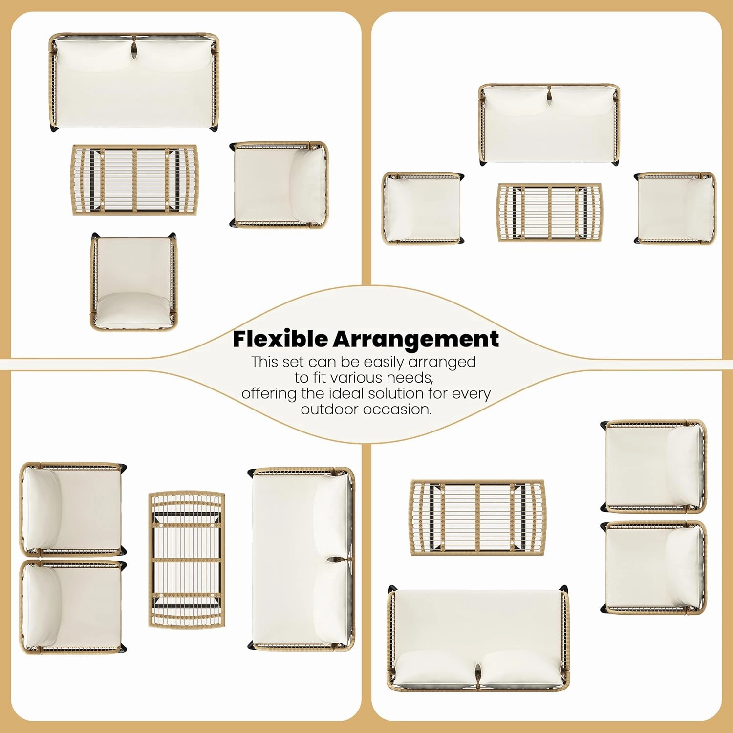 Yaheetech 4 Piece Patio Furniture Set, Outdoor Wicker Conversation Sets, Boho Loveseat & 2 Armchairs with Cushion and Pillow, Glass Top Table for Backyard, Porch, Balcony, Deck - Tan/Cream