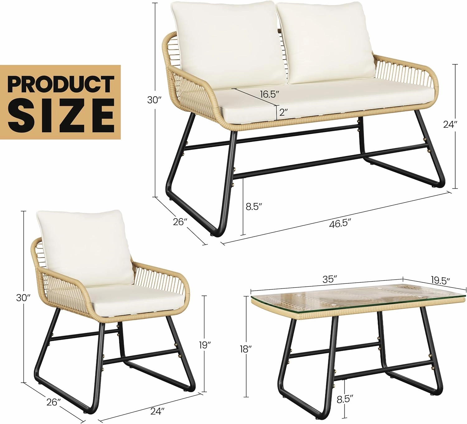 Yaheetech 4 Piece Patio Furniture Set, Outdoor Wicker Conversation Sets, Boho Loveseat & 2 Armchairs with Cushion and Pillow, Glass Top Table for Backyard, Porch, Balcony, Deck - Tan/Cream