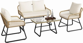 Yaheetech 4 Piece Patio Furniture Set, Outdoor Wicker Conversation Sets, Boho Loveseat & 2 Armchairs with Cushion and Pillow, Glass Top Table for Backyard, Porch, Balcony, Deck - Tan/Cream