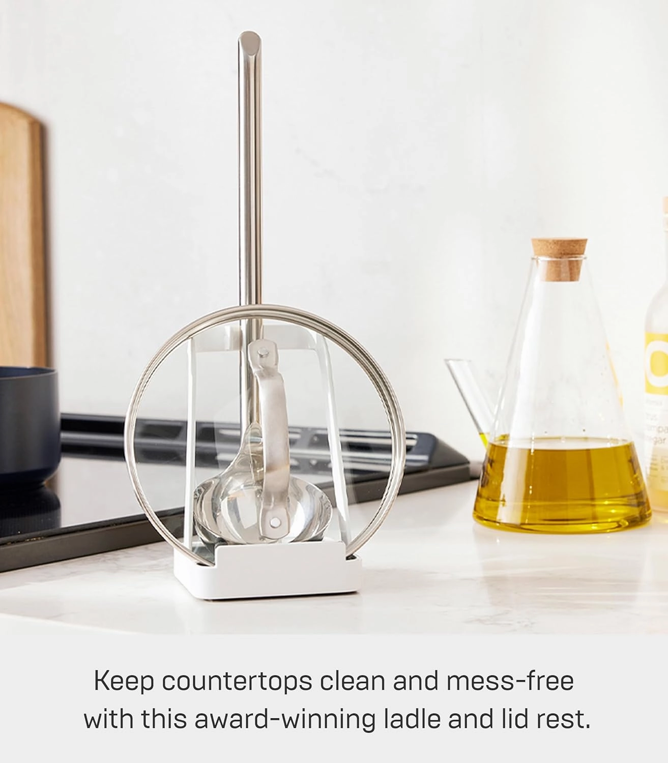 YAMAZAKI Home Ladle Holder - Lid Stand For Utensils In Kitchen, Steel, Water Resistant, No Assembly Req.,White