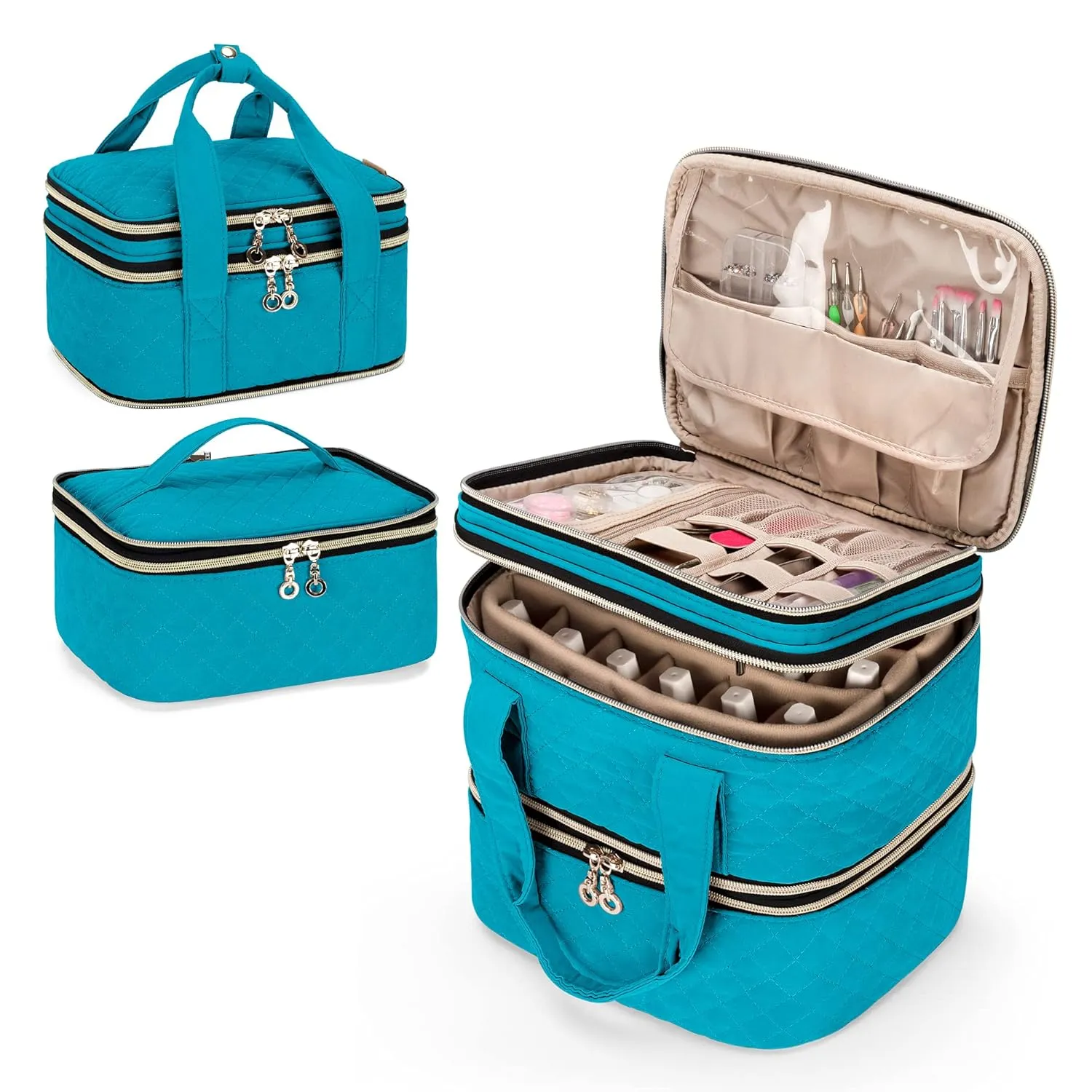 Yarwo 3 Layers Nail Polish Organizer Holds 48 Bottles (15ml/0.5 fl.oz), Detachable Nail Polish Case with Adjustable Dividers, Travel Case for Manicure Set, Teal (Bag Only, Patent Pending)