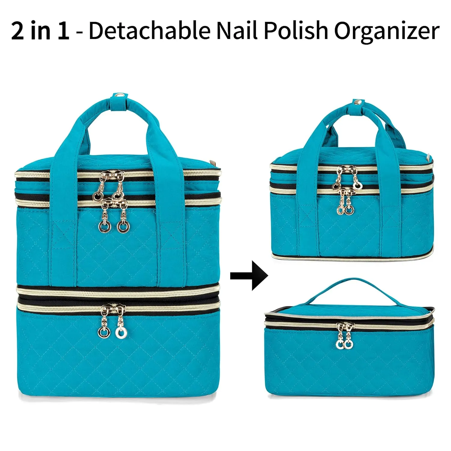 Yarwo 3 Layers Nail Polish Organizer Holds 48 Bottles (15ml/0.5 fl.oz), Detachable Nail Polish Case with Adjustable Dividers, Travel Case for Manicure Set, Teal (Bag Only, Patent Pending)