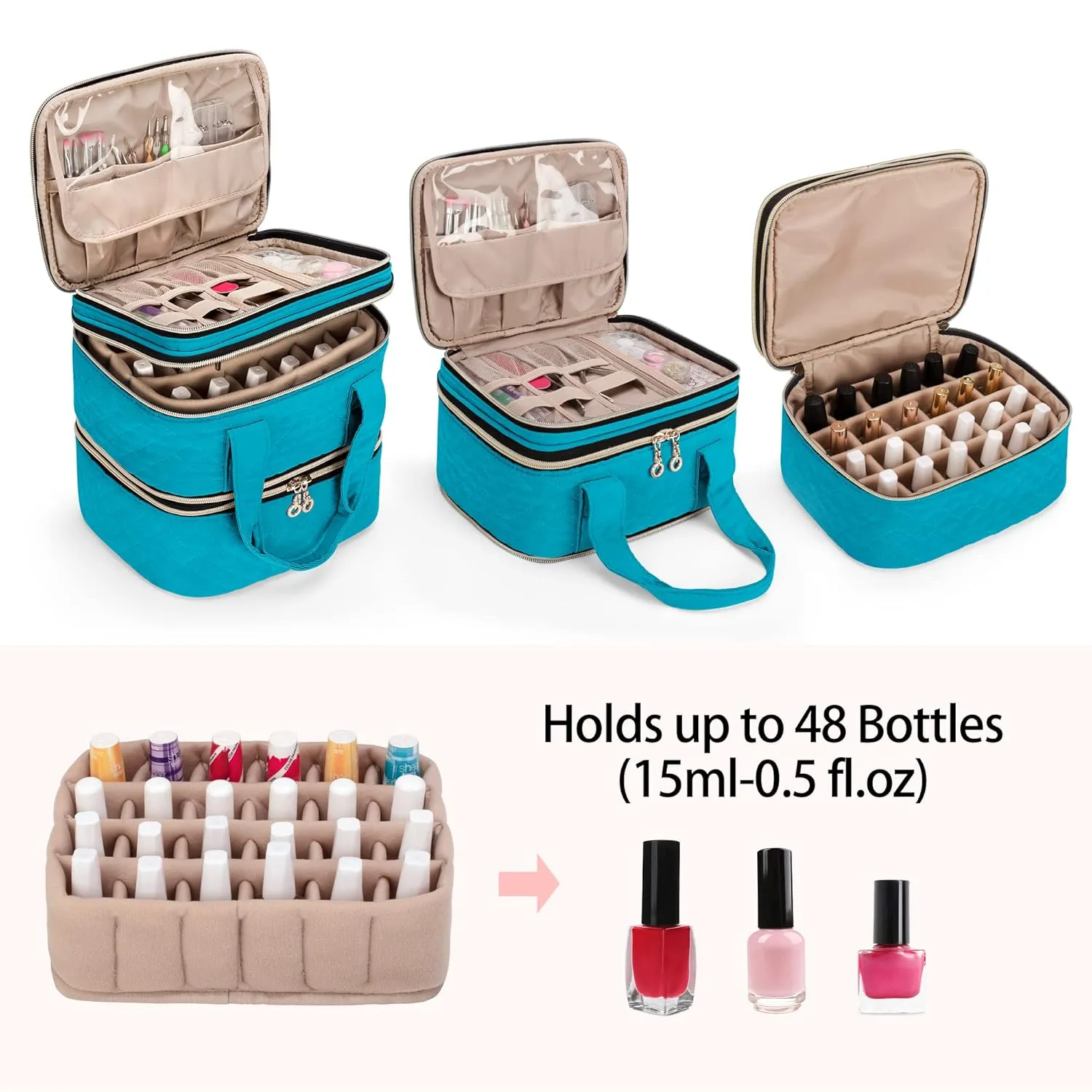 Yarwo 3 Layers Nail Polish Organizer Holds 48 Bottles (15ml/0.5 fl.oz), Detachable Nail Polish Case with Adjustable Dividers, Travel Case for Manicure Set, Teal (Bag Only, Patent Pending)