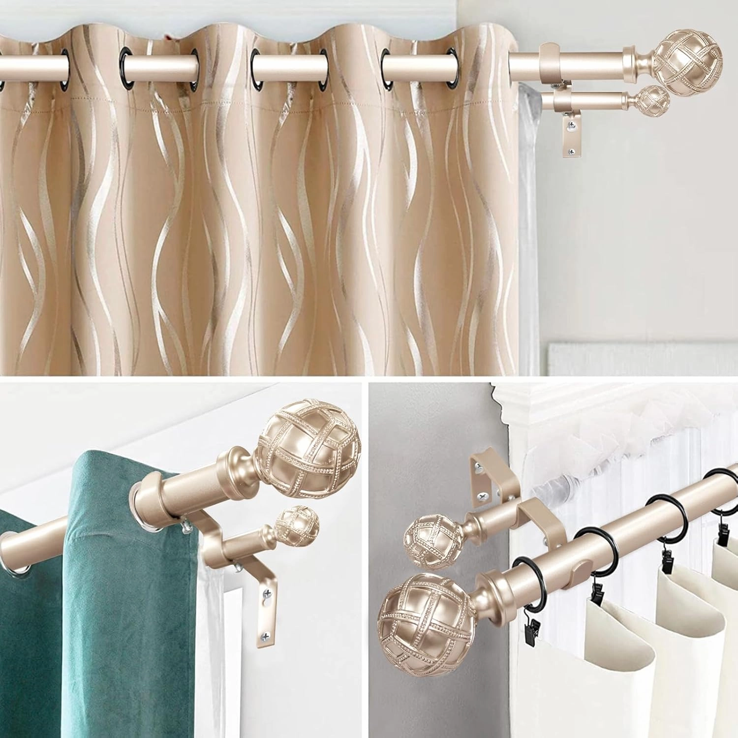 Ycolnaefllr 1 Inch Diameter Adjustable Double Curtain Rod - Double Curtain Rods For Windows 72 to 144 Inches, With Adjustable Curtain Rod Brackets And Netted Texture Finials（Rose Gold）