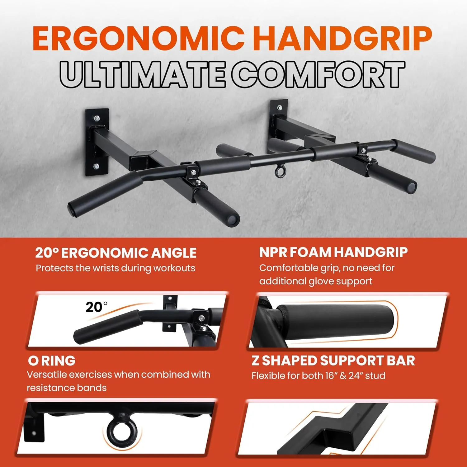 Yes4All Multi-Grip Wall Mount Pull-Up Bar, 16 Inches & 24 Inches Reversible Stud and Wall Compatibility Mounted Pull Up Bar Design, Solid Construction Strength Training