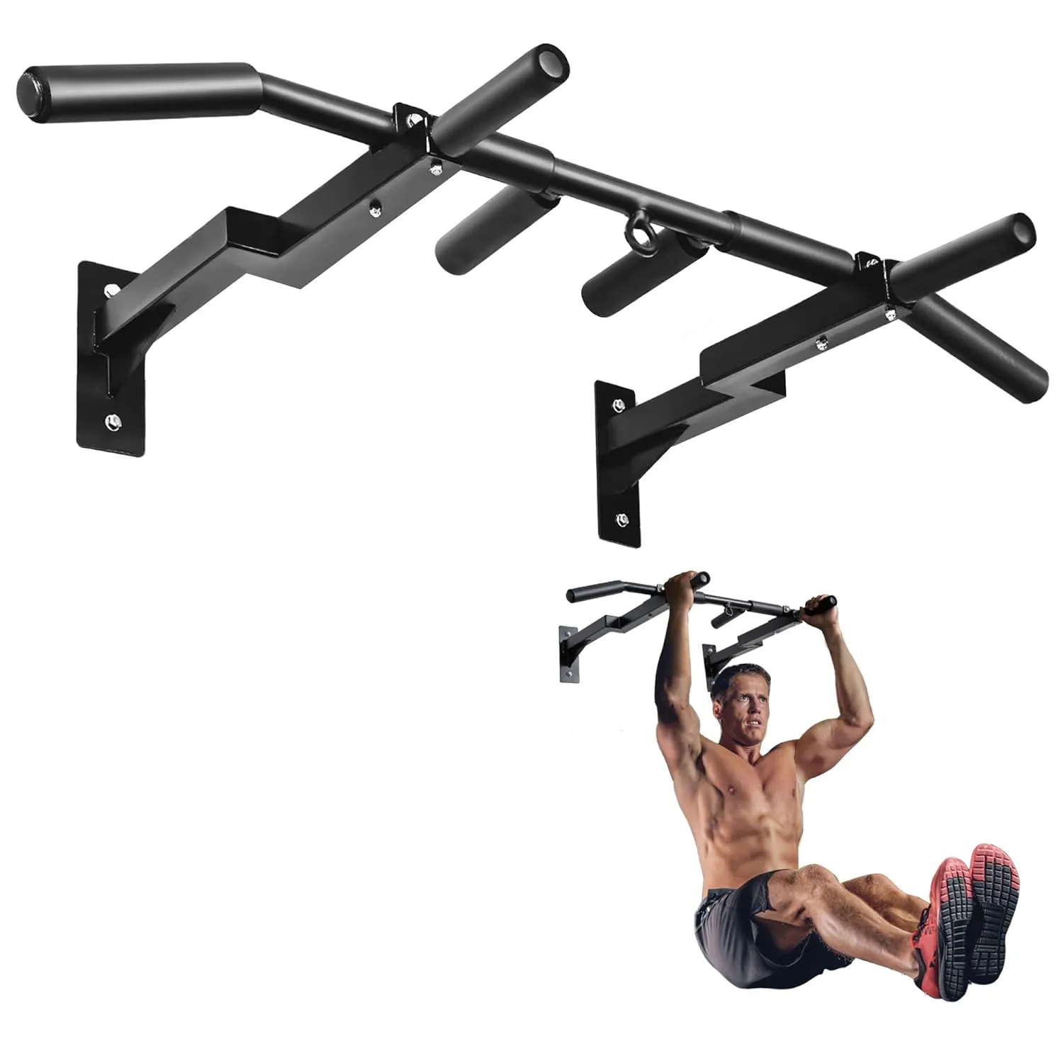 Yes4All Multi-Grip Wall Mount Pull-Up Bar, 16 Inches & 24 Inches Reversible Stud and Wall Compatibility Mounted Pull Up Bar Design, Solid Construction Strength Training