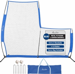 Yes4All L Screen Baseball Net - 7x7 ft Pitching Net with Strong Netting, Durable Steel Frame, Protective Sleeve - Carry Bag, 2 Basic Baseballs, 4 Ground Stakes Included - Portable, Easy Setup