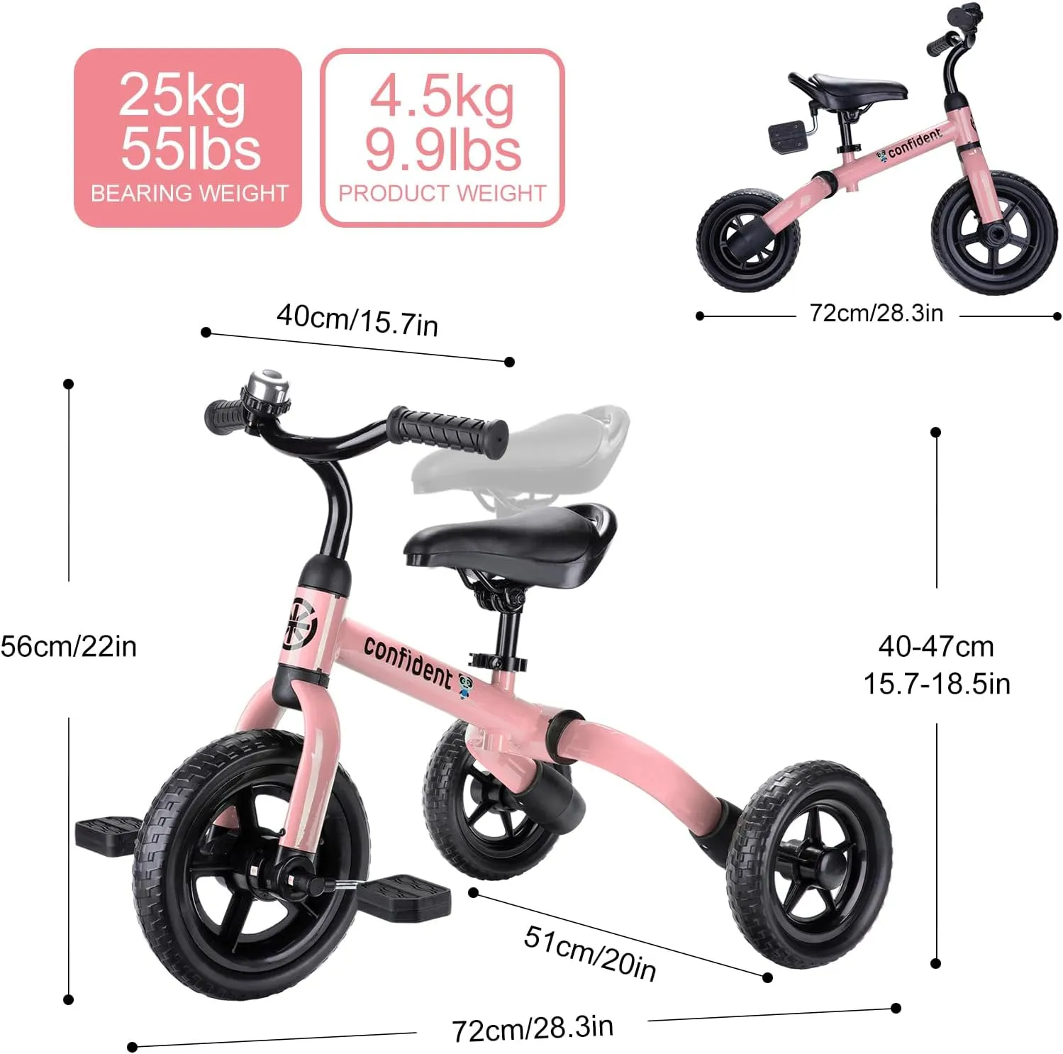 YGJT 3 in 1 Tricycle for Toddlers Age 2-5 Years Old, Folding Kids Balance Bike with Adjustable Seat and Removable Pedal, Toddler Bike Ride-on Toys for Infant, Gifts for Baby Girls Birthday(Pink)
