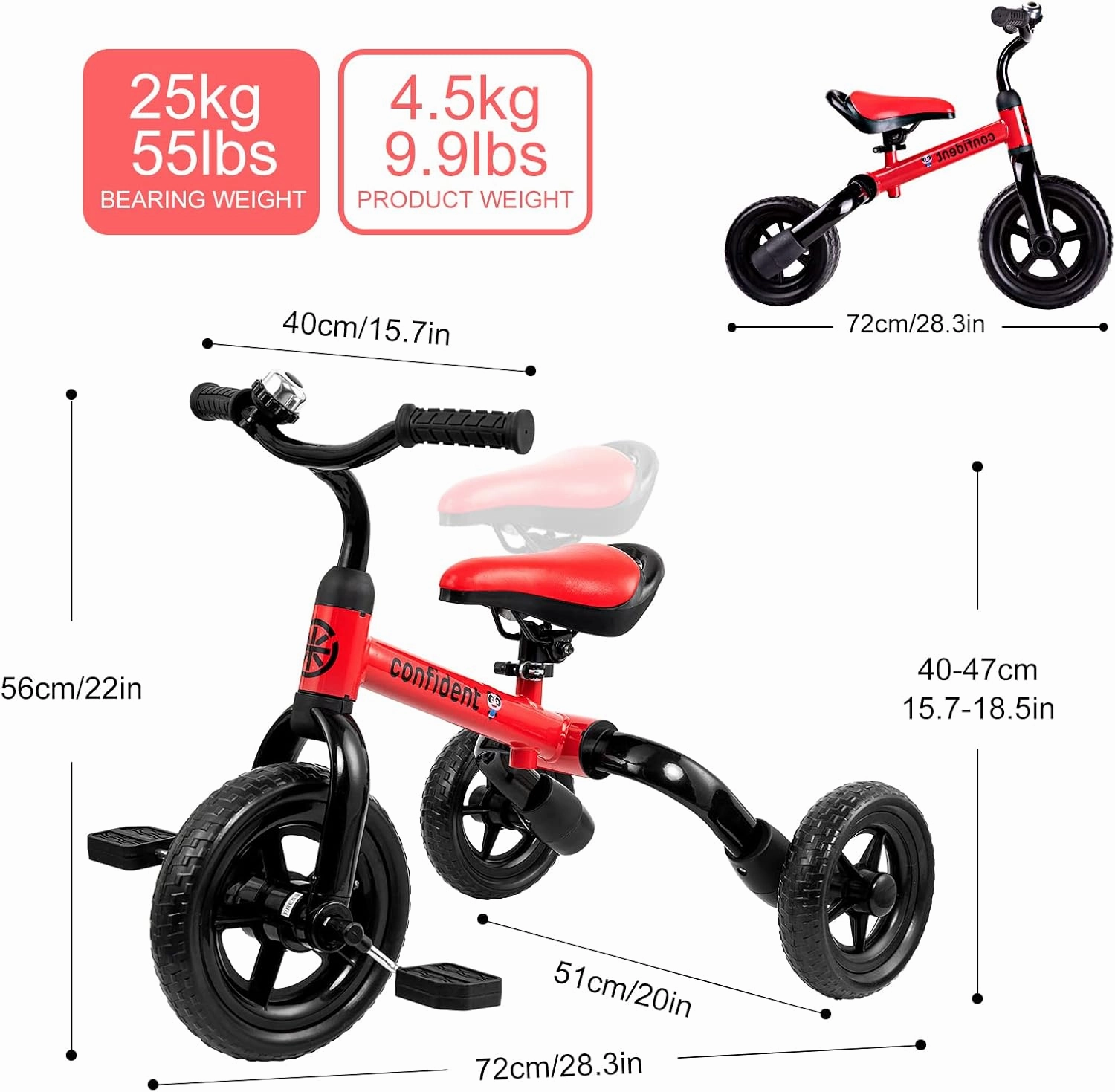 YGJT 3 in 1 Tricycle for Toddlers Age 2-5 Years Old, Folding Kids Balance Bike with Adjustable Seat and Removable Pedal, Toddler Bike Ride-on Toys for Infant, Gifts for Baby Boys Girls Birthday(Red)