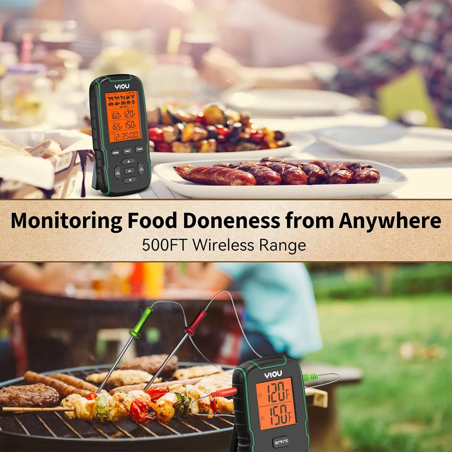 YIOU Wireless Meat Thermometer for Cooking, Digital Meat Thermometer with 2 Probes, 500FT Ultra Accurate & Fast Food Thermometer for Oven, Smoker, Green