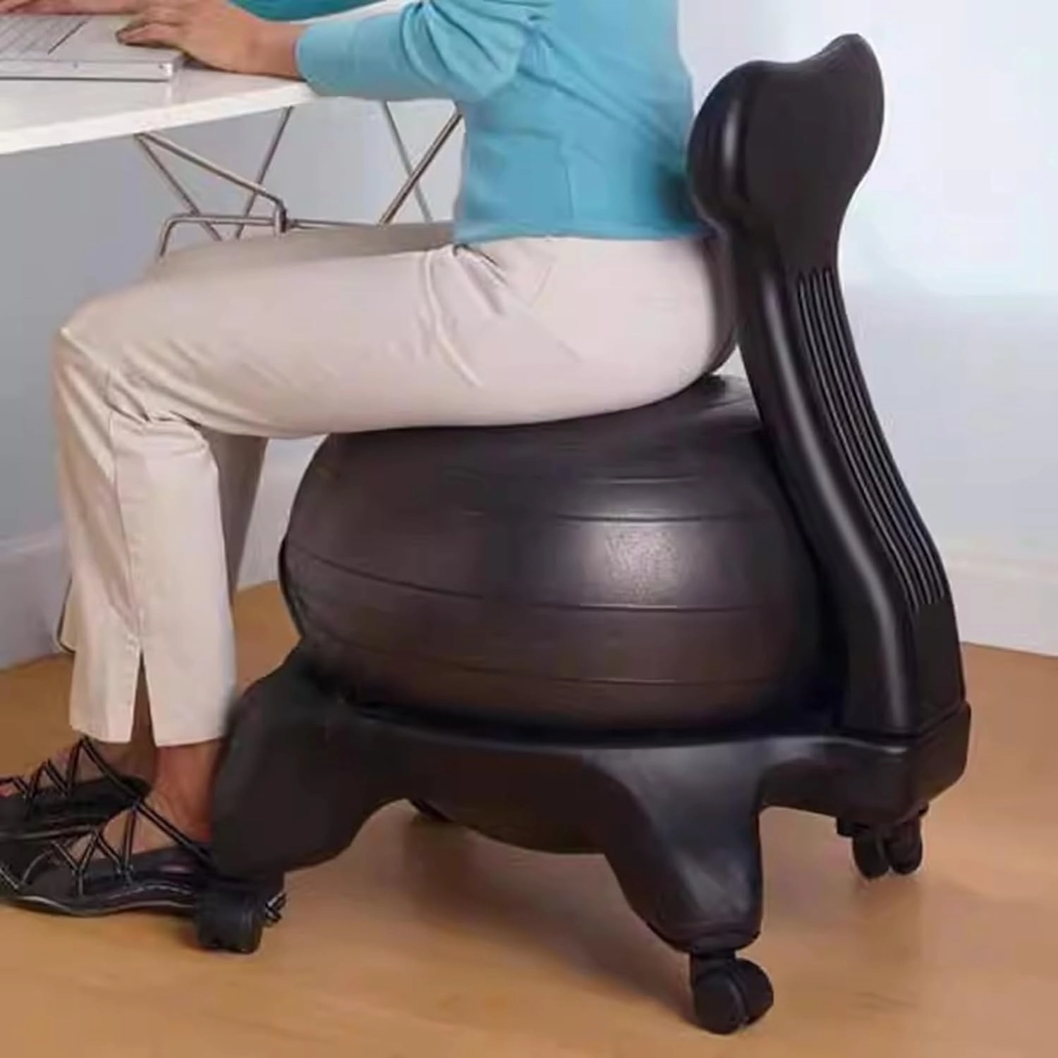 Yoga Ball Office Chair with Back ＆ Wheels, Ergonomic Anti-Burst Ball Chair for Heavy People/Pregnancy, Birthing Ball Strength Posture