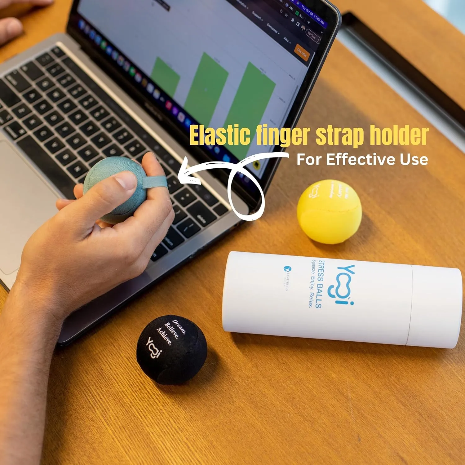 Yogi Stress Ball with Finger Grip Strap – Squeeze Ball for Anxiety Relief & Hand Therapy – Grip Strength Trainer for Adults & Kids, Fidget Toy for Stress Relief, Squishy Sensory Ball