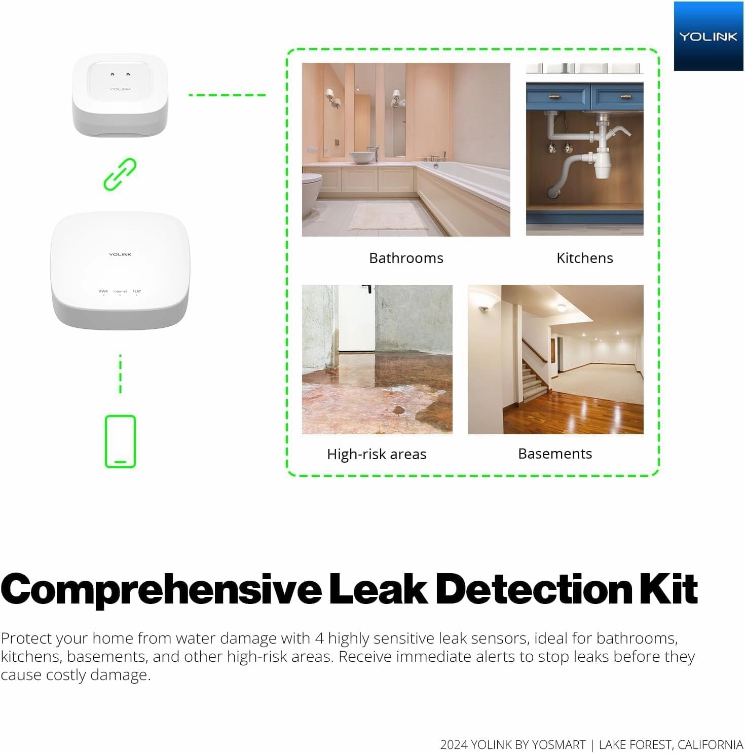 YoLink Smart Home Starter Kit: Hub & Water Leak Sensor 2-Pack, SMS/Text, Email & Push Notifications, LoRa Up to 1/4 Mile Open-Air Range, w/Alexa, IFTTT, Home Assistant